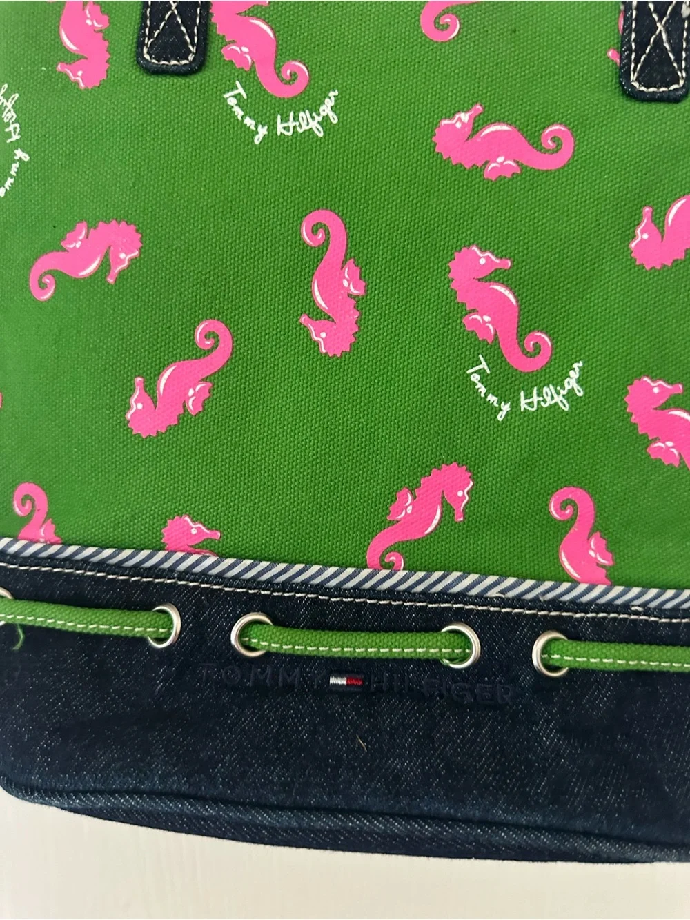 Tommy Hilfiger Green Tote Bag with Pink Seahorse Print plus Free Belt